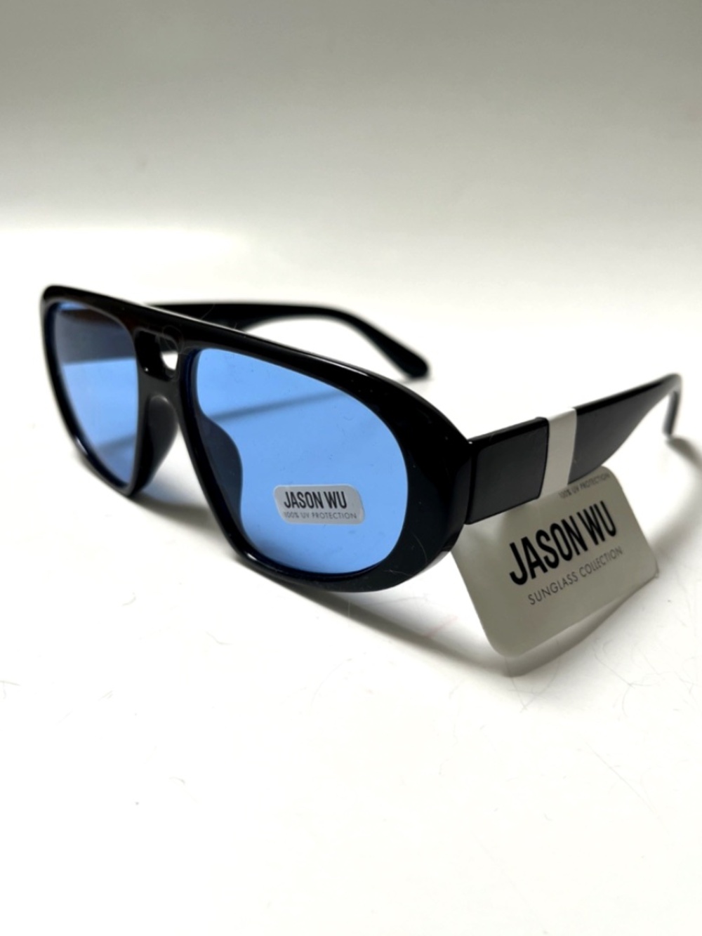 Jason Wu Double Bridge Aviator Sunglasses Acetate Black UV400 Blue Lens